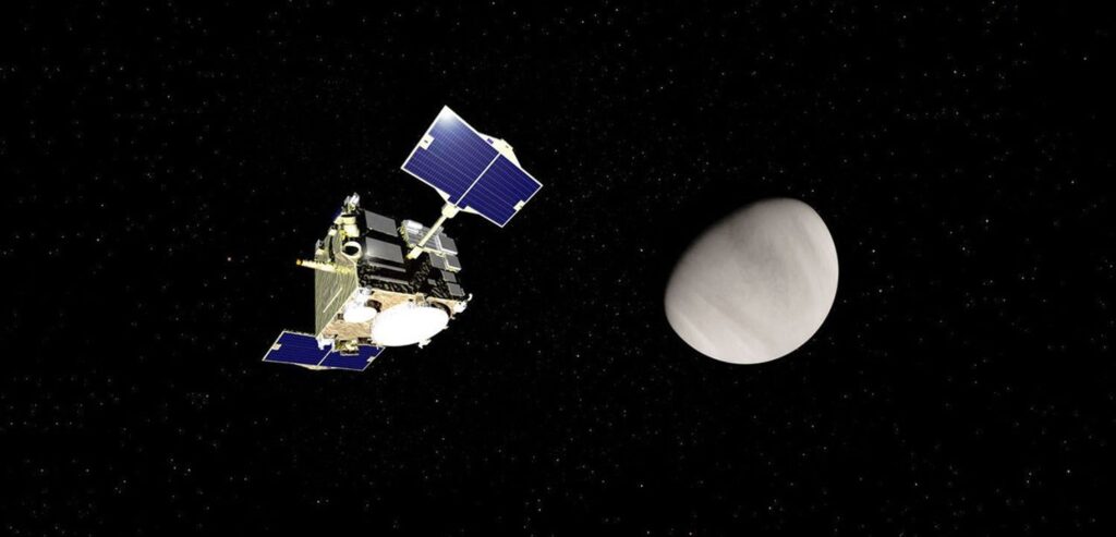 An artist's concept of Japan's Akatsuki spacecraft nearing Venus.
